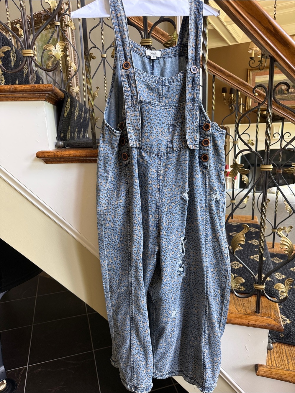 Easel Very Distressed Overall jumpsuit-jumper. Leopard blue jean.So cute. S EUC - Picture 2 of 8